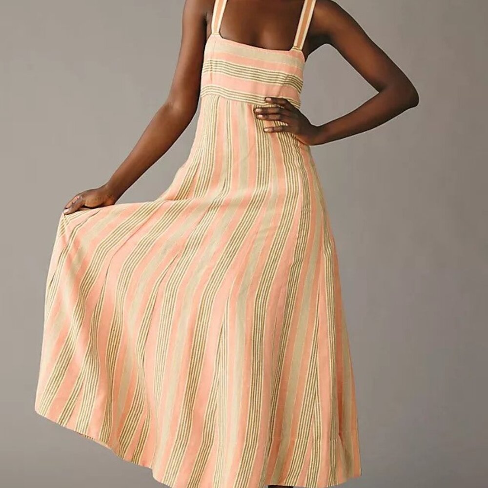 Maeve Anthropologie Square Neck Tie Back Coral Linen Maxi Dress Romantic Boho